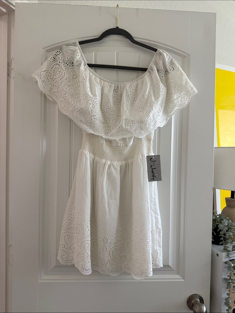 J for Justify White Eyelet Off-Shoulder Mini Dress